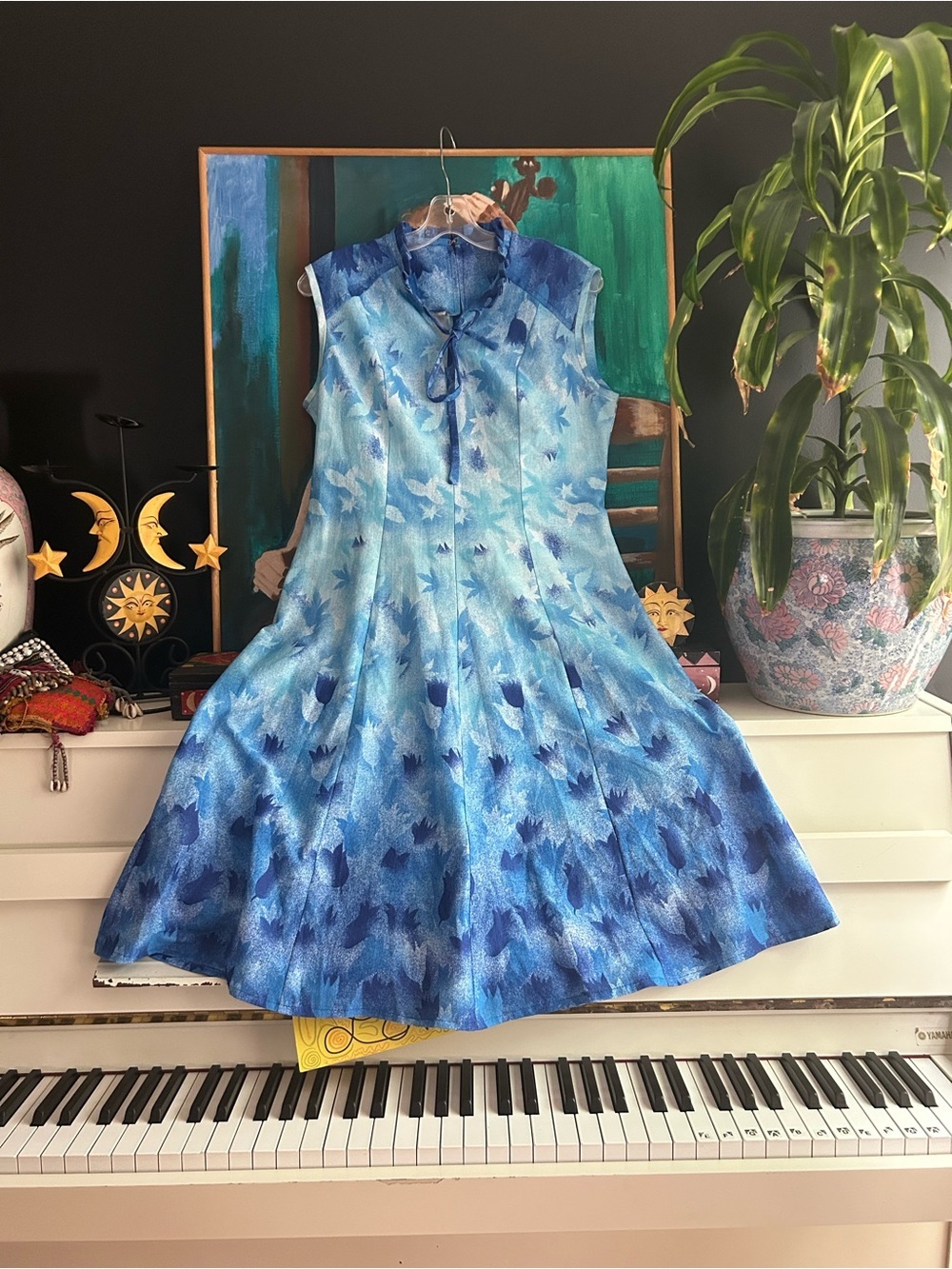 Vintage Blue Floral Sleeveless Midi Dress Women’s Fit & Flare Cottagecore M